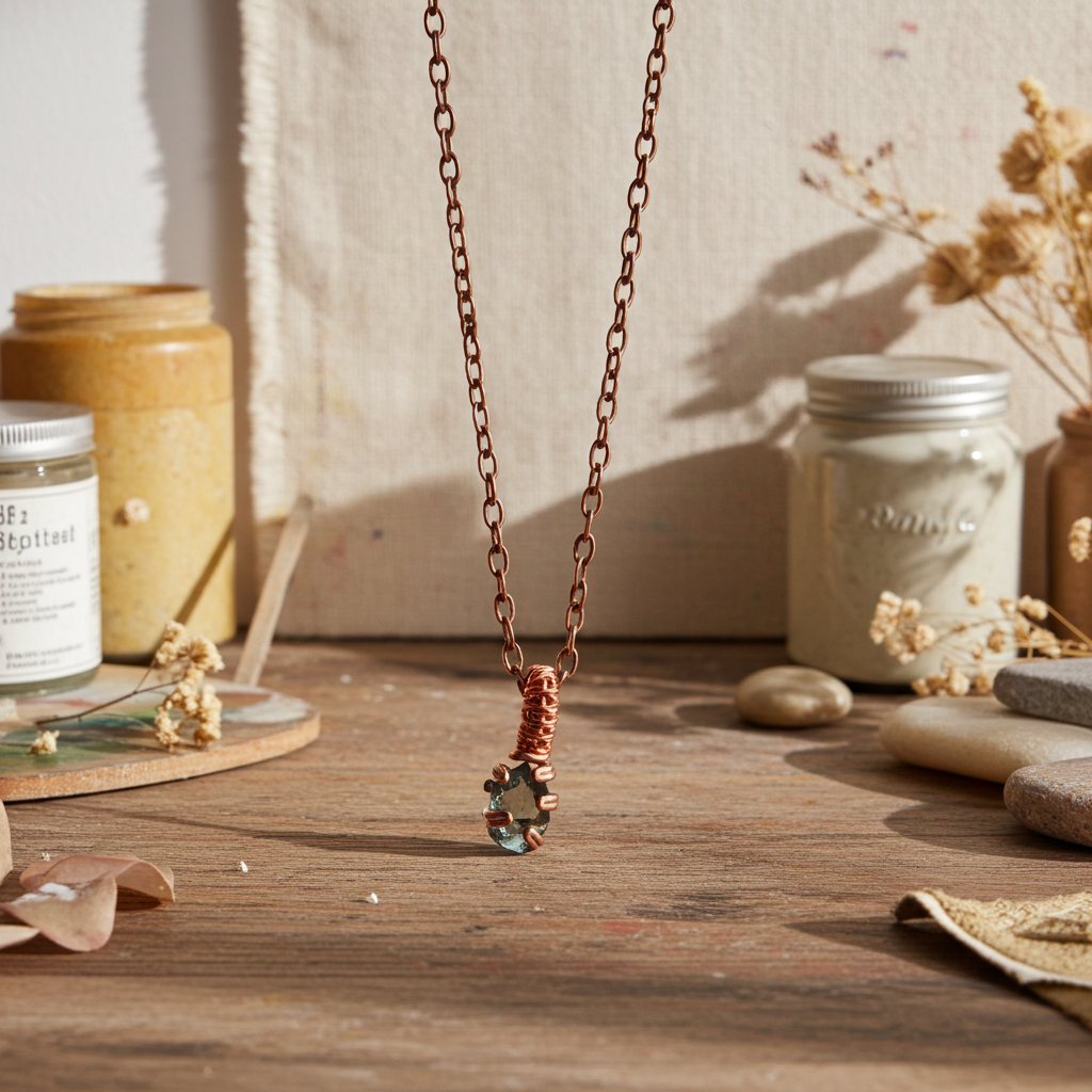 Blue/Green Apatite Necklace - Wire wrapped in Copper - Heart & Crown Chakra