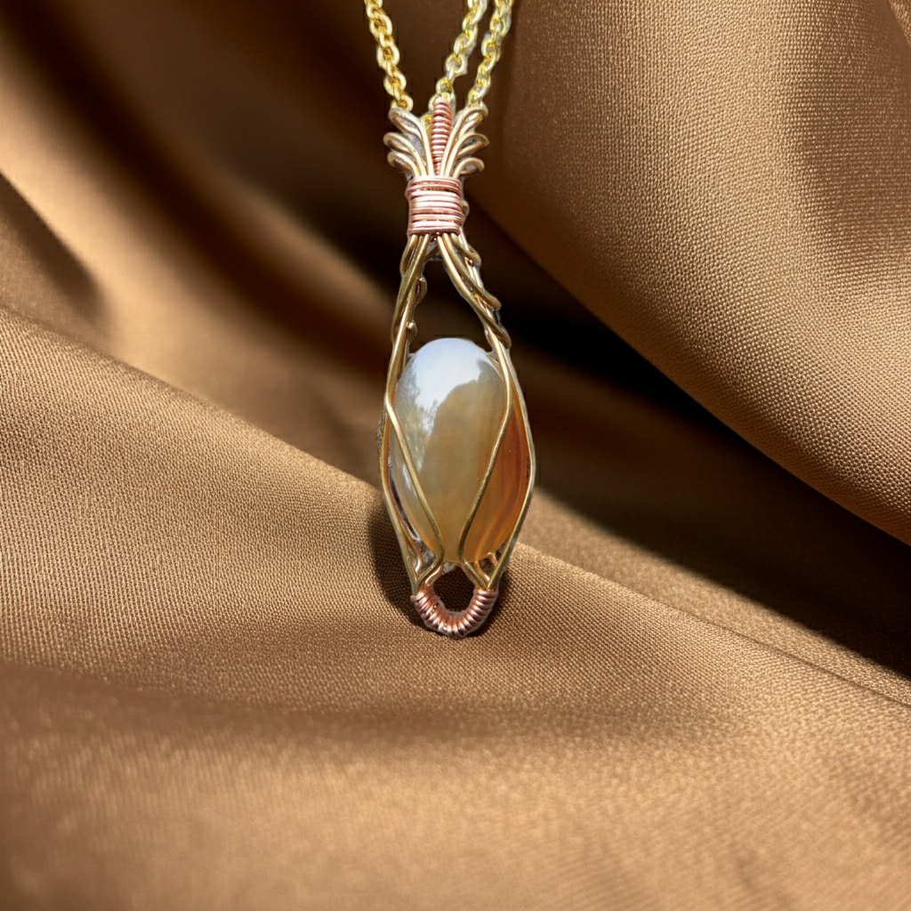 Fire Agate Necklace - Wire Wrapped in Gold and Copper - Root Chakra, Sacral Chakra, Solar Plexus