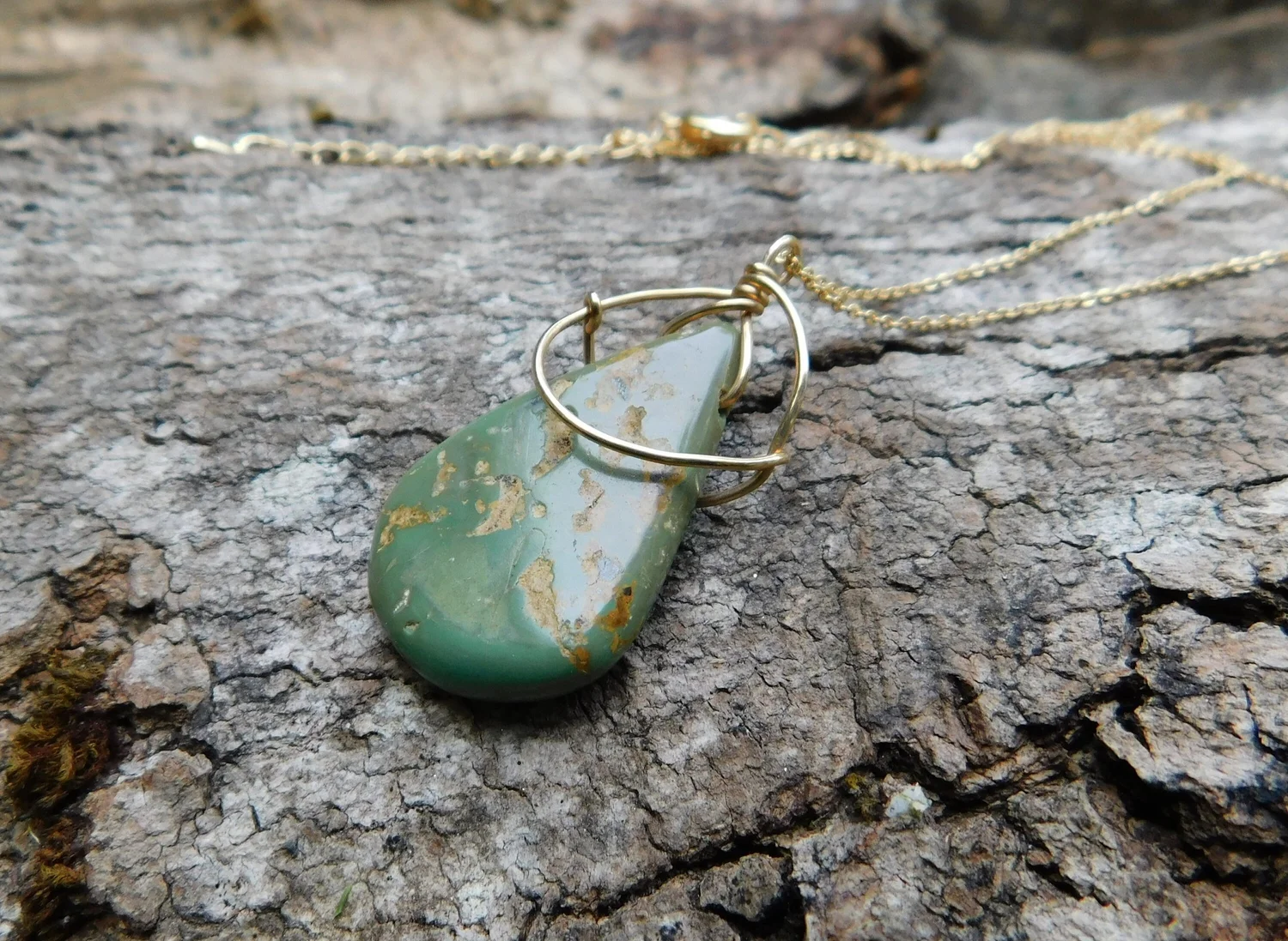Green Arizona Turquoise Necklace - Wire Wrapped in Gold - Heart and Throat Chakra