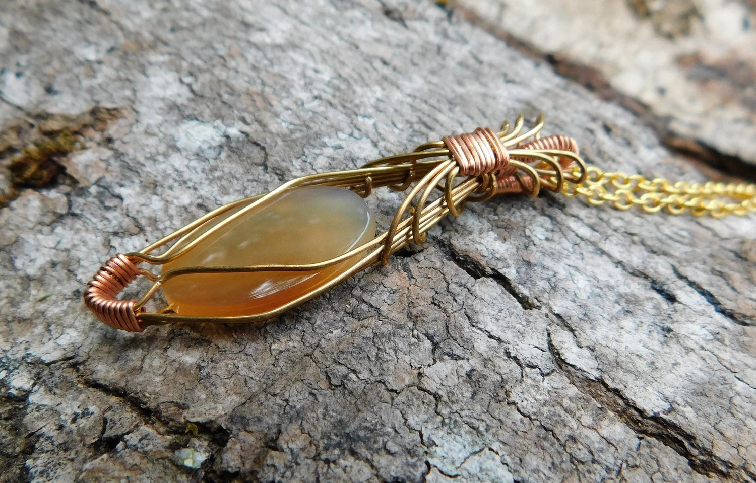 Fire Agate Necklace - Wire Wrapped in Gold and Copper - Root Chakra, Sacral Chakra, Solar Plexus