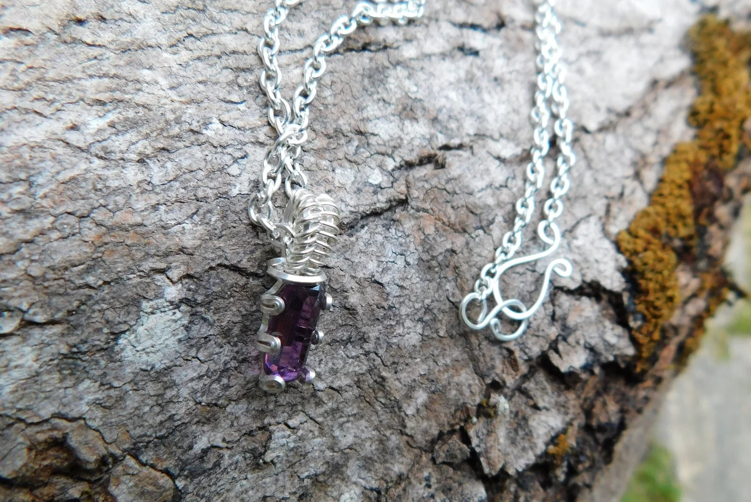 Amethyst Gemstone Necklace - Wire Wrapped in Silver - Crown Chakra