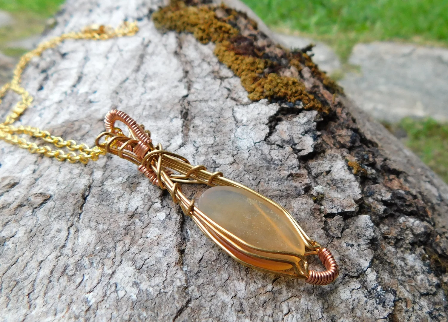 Fire Agate Necklace - Wire Wrapped in Gold and Copper - Root Chakra, Sacral Chakra, Solar Plexus