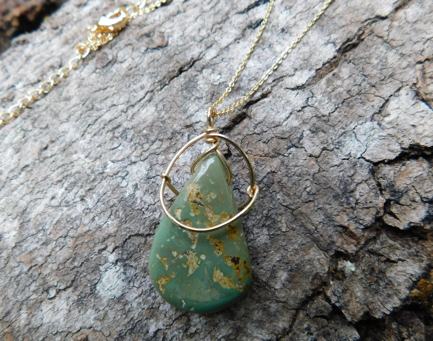 Green Arizona Turquoise Necklace - Wire Wrapped in Gold - Heart and Throat Chakra