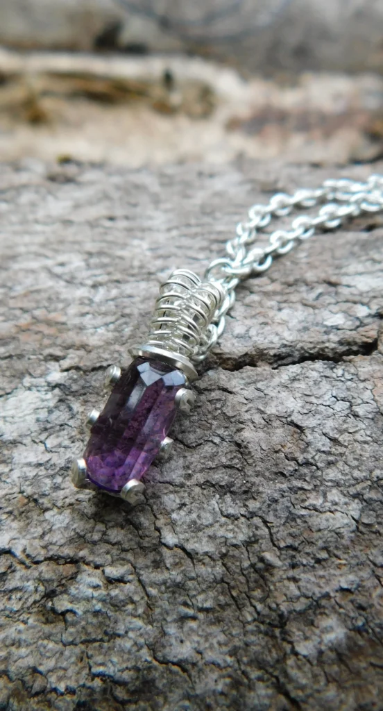 Amethyst Gemstone Necklace - Wire Wrapped in Silver - Crown Chakra