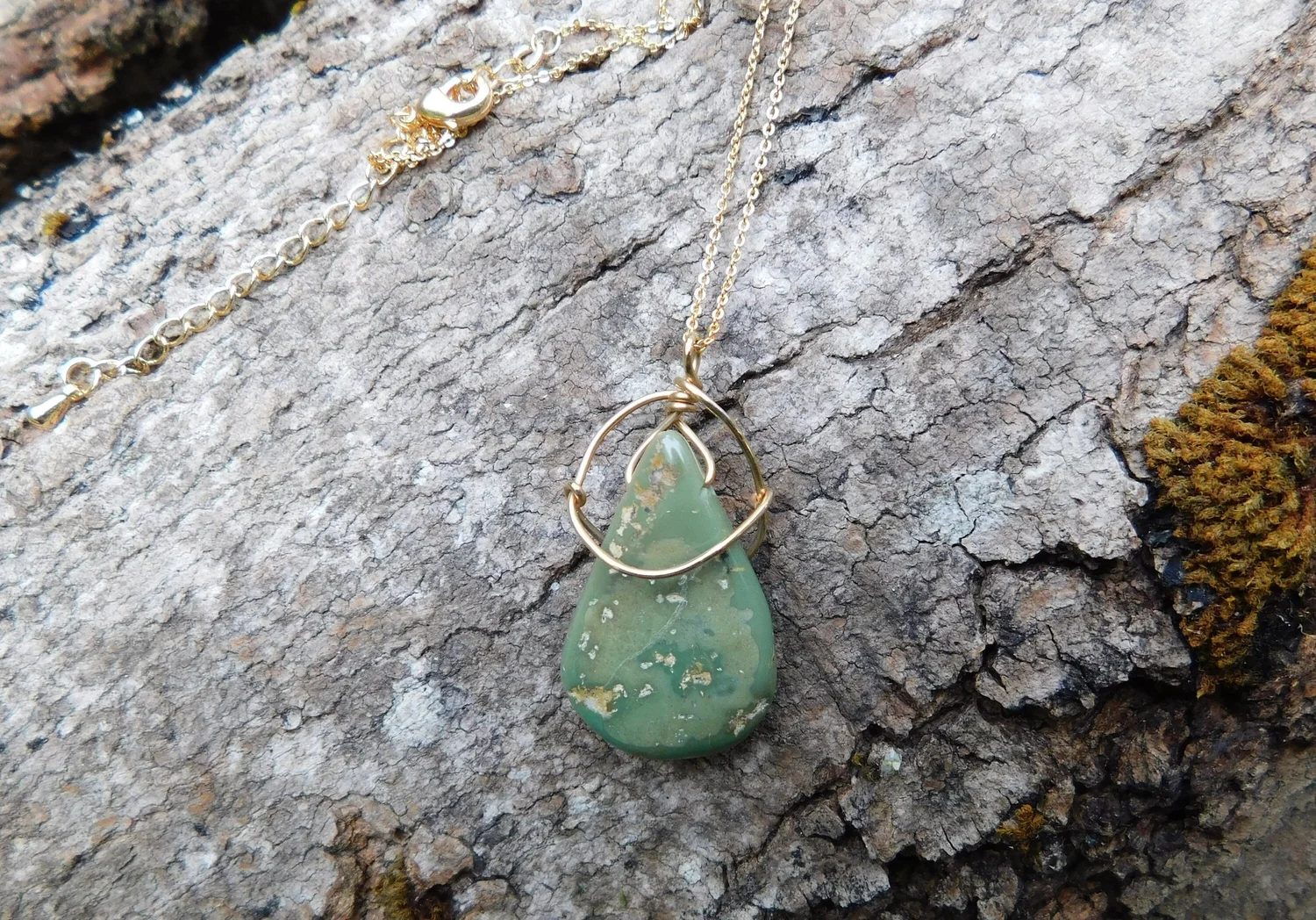 Green Arizona Turquoise Necklace - Wire Wrapped in Gold - Heart and Throat Chakra