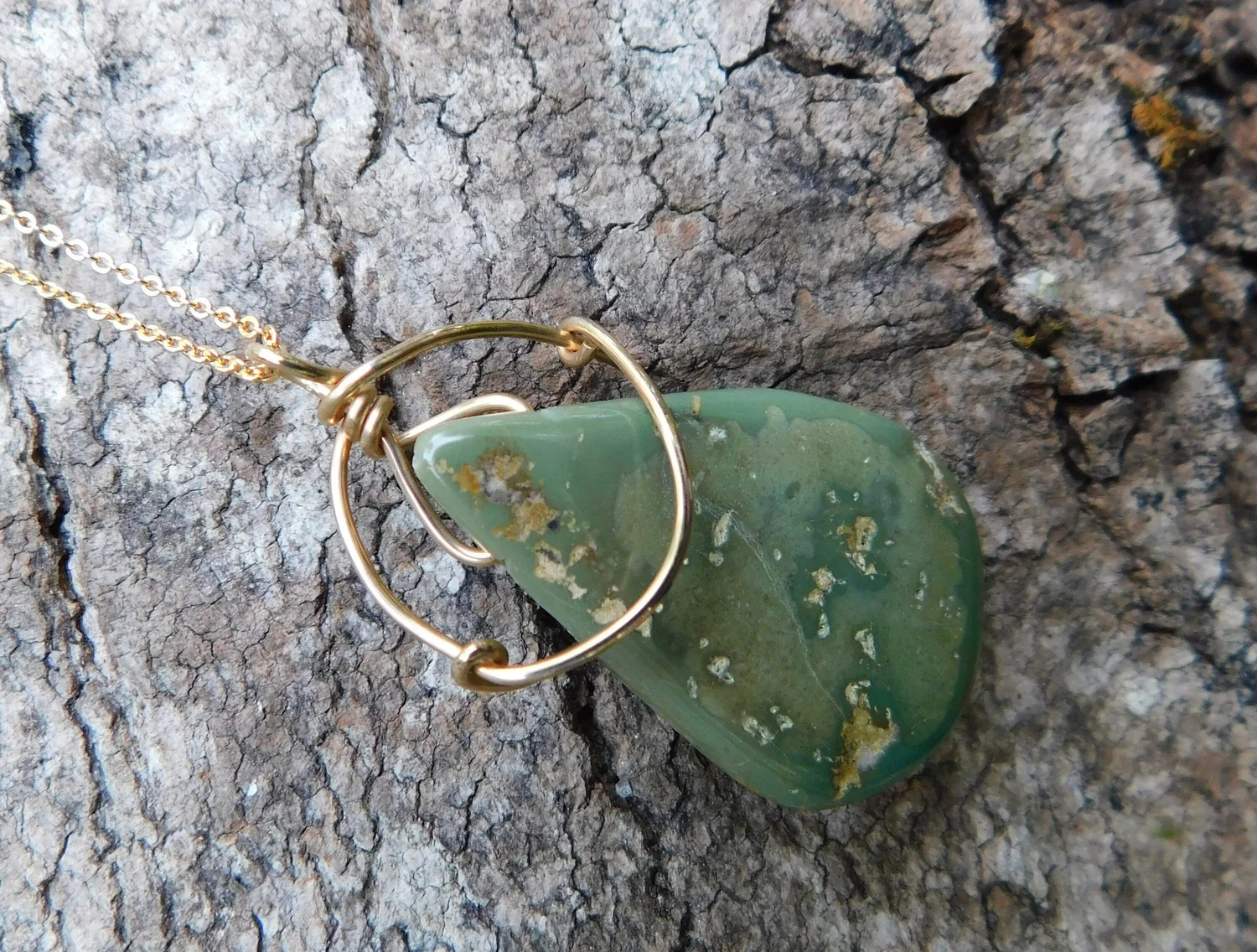 Green Arizona Turquoise Necklace - Wire Wrapped in Gold - Heart and Throat Chakra