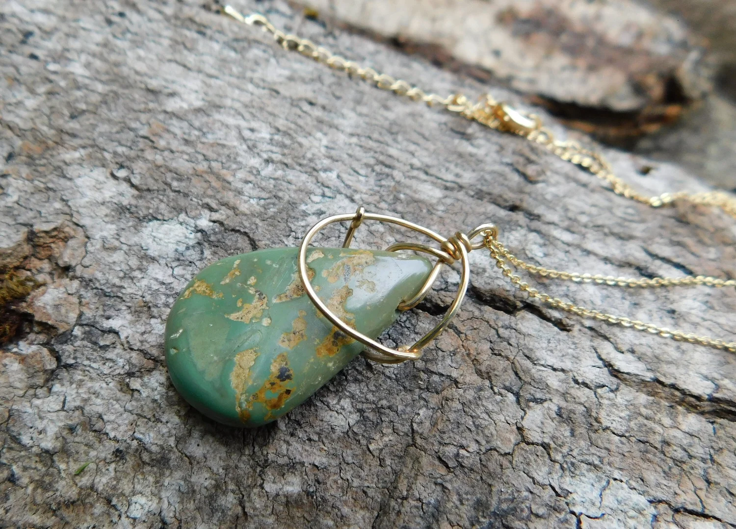 Green Arizona Turquoise Necklace - Wire Wrapped in Gold - Heart and Throat Chakra