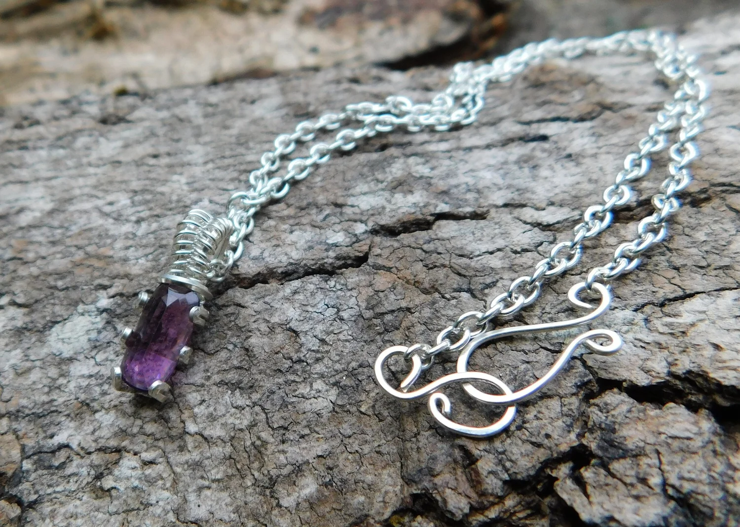 Amethyst Gemstone Necklace - Wire Wrapped in Silver - Crown Chakra