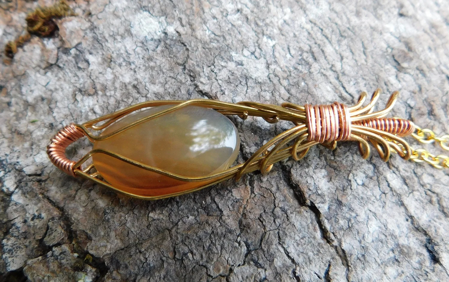 Fire Agate Necklace - Wire Wrapped in Gold and Copper - Root Chakra, Sacral Chakra, Solar Plexus