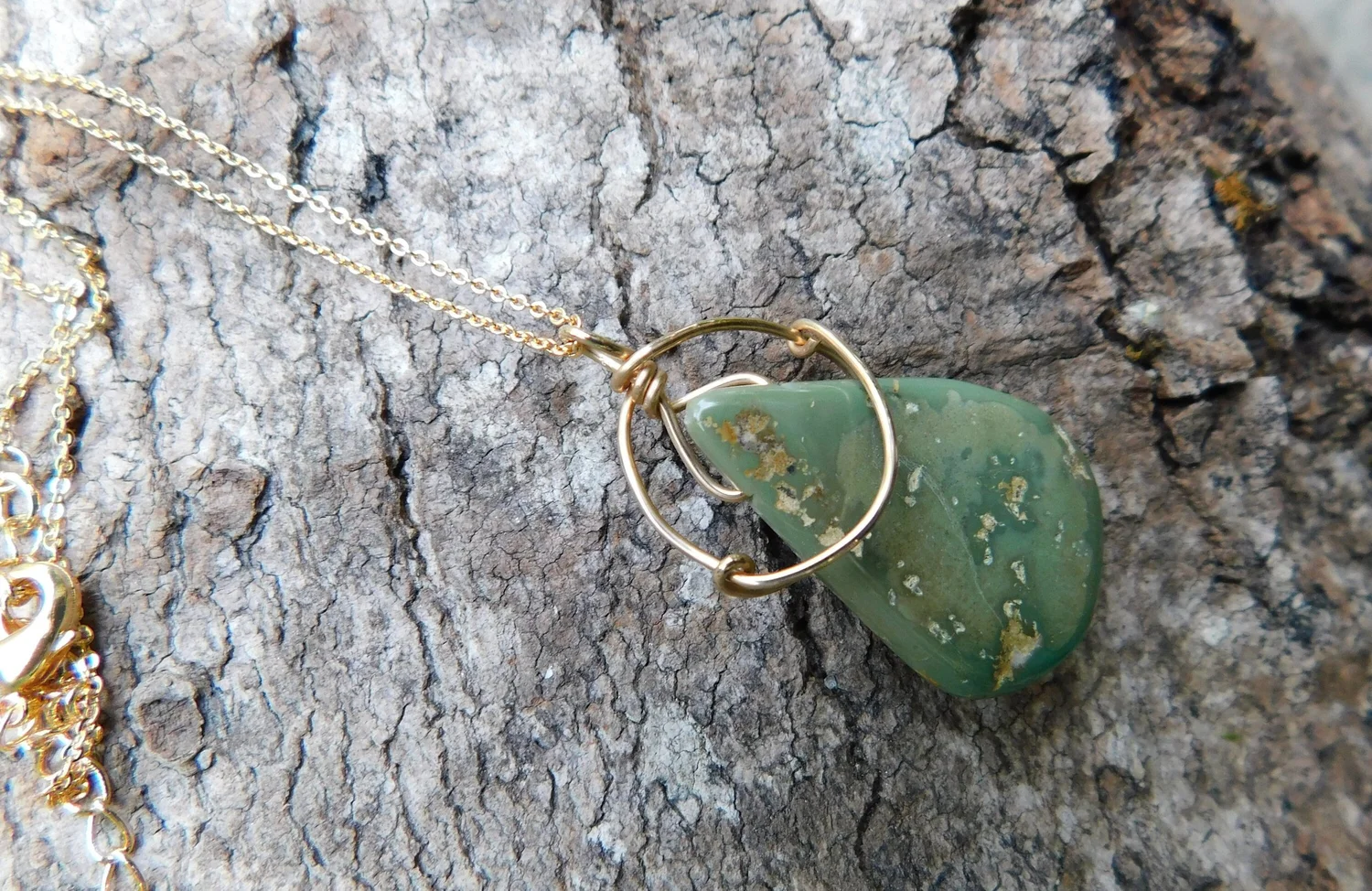 Green Arizona Turquoise Necklace - Wire Wrapped in Gold - Heart and Throat Chakra