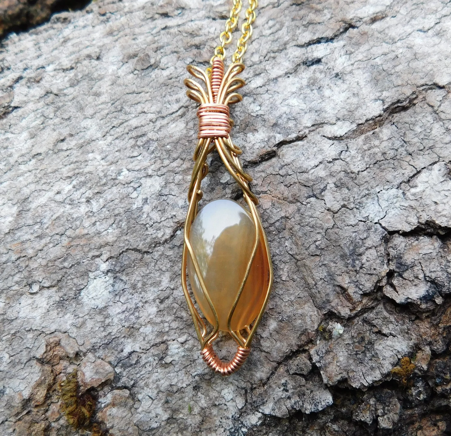 Fire Agate Necklace - Wire Wrapped in Gold and Copper - Root Chakra, Sacral Chakra, Solar Plexus