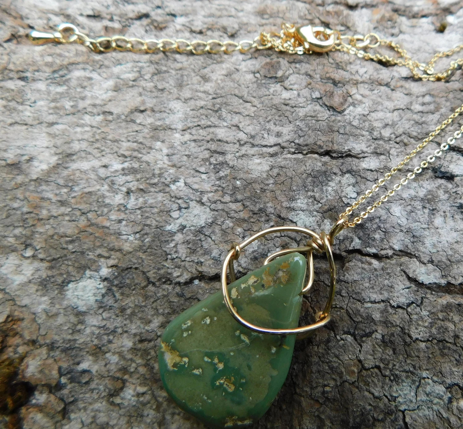 Green Arizona Turquoise Necklace - Wire Wrapped in Gold - Heart and Throat Chakra
