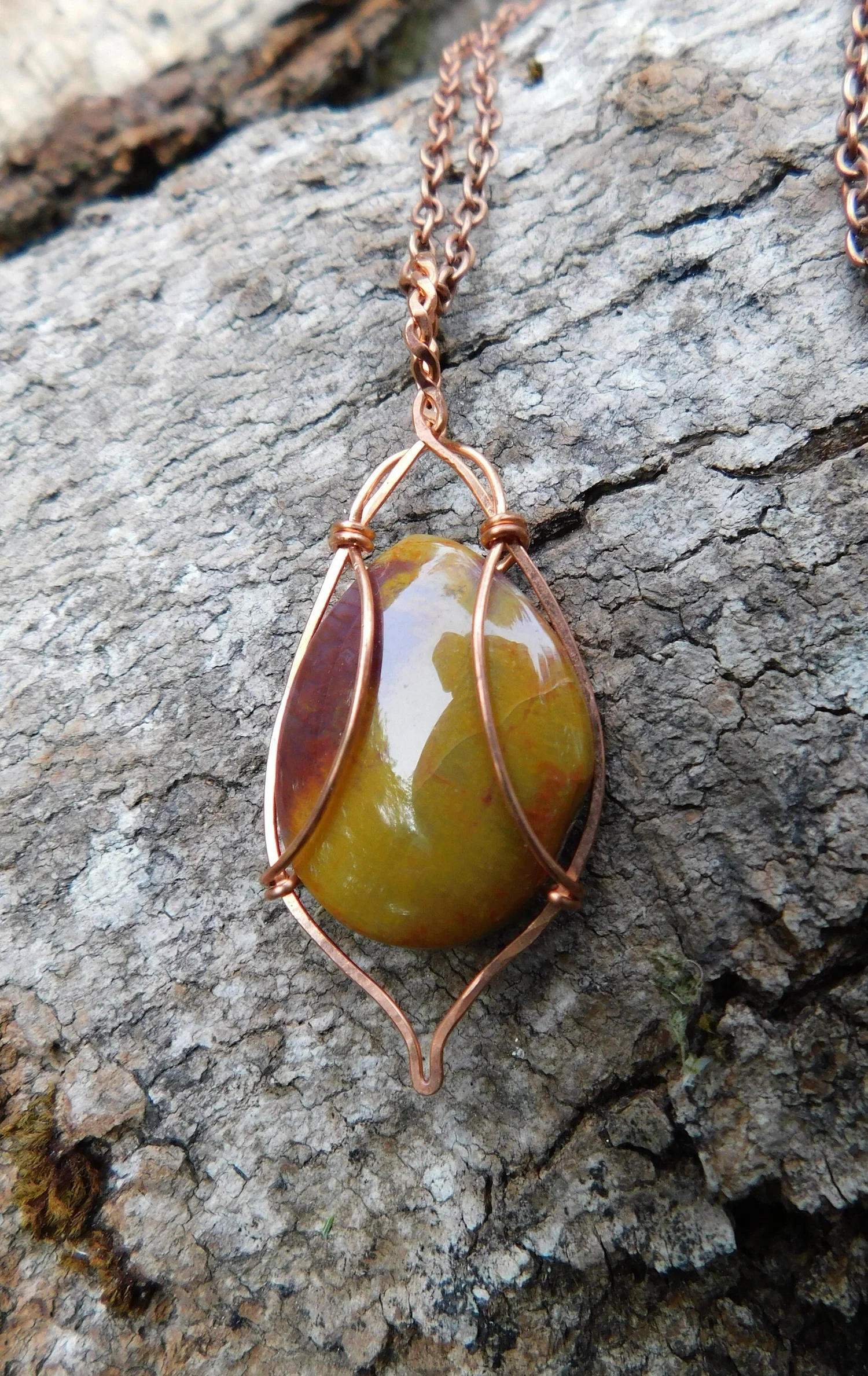 Mookaite Jasper Necklace - Wire Wrapped in Copper - Root Chakra, Sacral Chakra, Solar Plexus Chakra, Heart Chakra