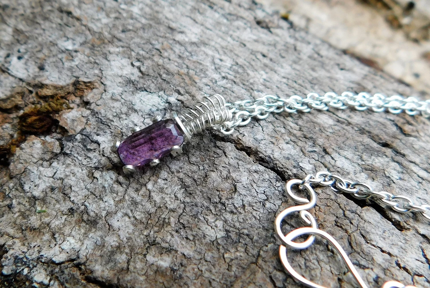 Amethyst Gemstone Necklace - Wire Wrapped in Silver - Crown Chakra