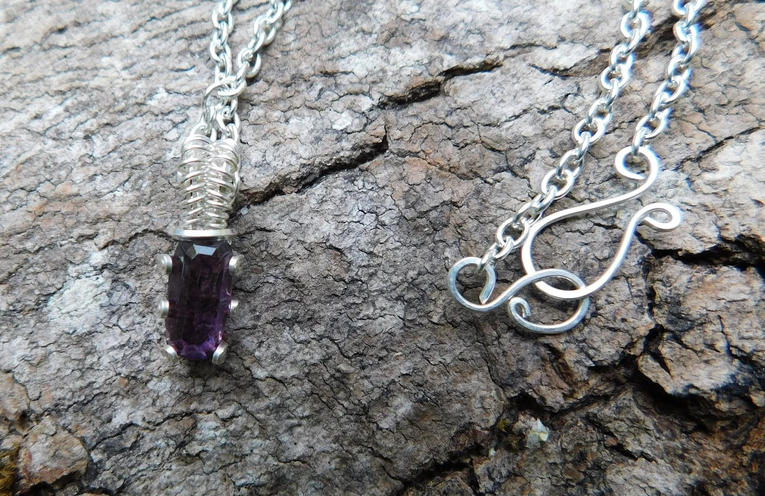 Amethyst Gemstone Necklace - Wire Wrapped in Silver - Crown Chakra