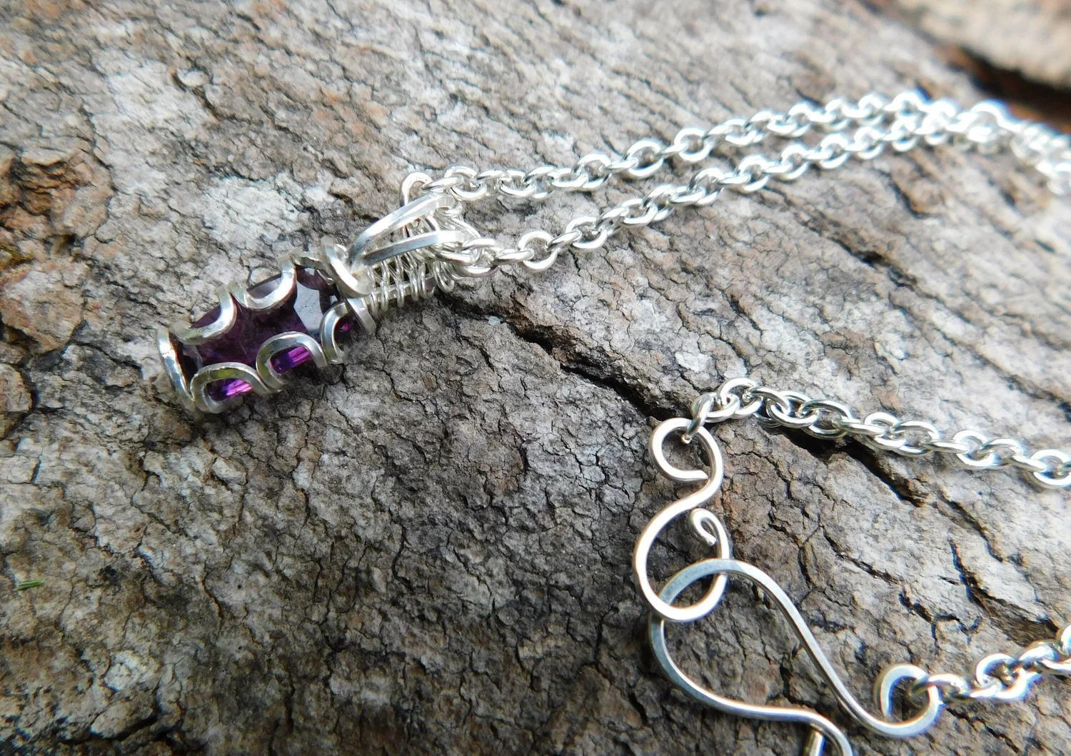 Amethyst Gemstone Necklace - Wire Wrapped in Silver - Crown Chakra