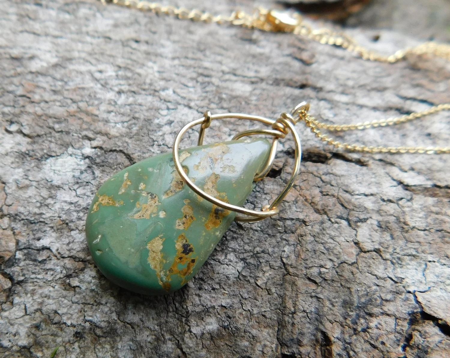 Green Arizona Turquoise Necklace - Wire Wrapped in Gold - Heart and Throat Chakra