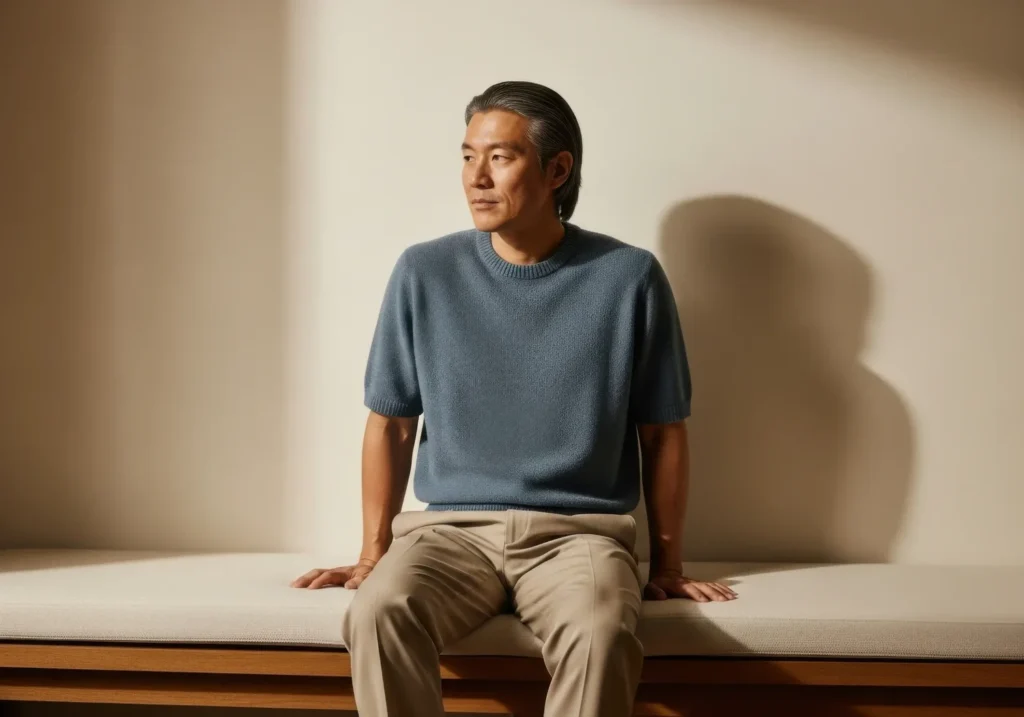 A middle-aged Asian man with dark, slicked-back hair sitting on a beige bench against a plain wall, wearing a blue knit short-sleeve sweater and beige pants, looking to his left with a contemplative expression.